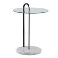 Table d'appoint contemporaine/glamour en marbre blanc et métal noir avec plateau en verre transparent