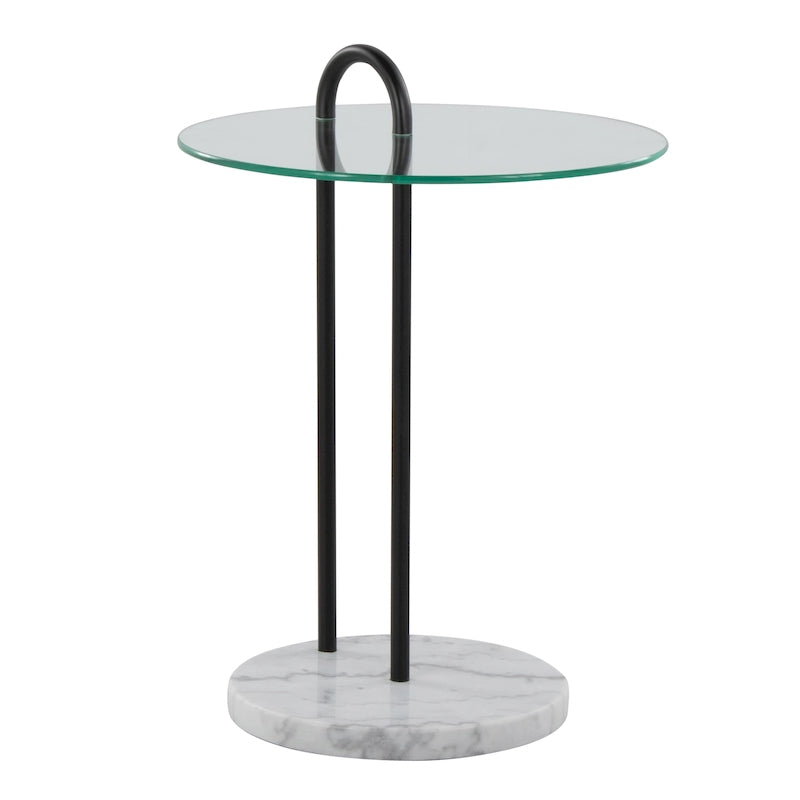 Table d'appoint contemporaine/glamour en marbre blanc et métal noir avec plateau en verre transparent