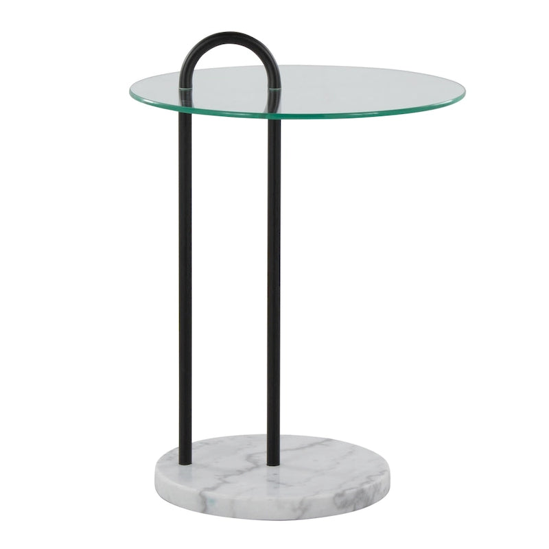 Table d'appoint contemporaine/glamour en marbre blanc et métal noir avec plateau en verre transparent