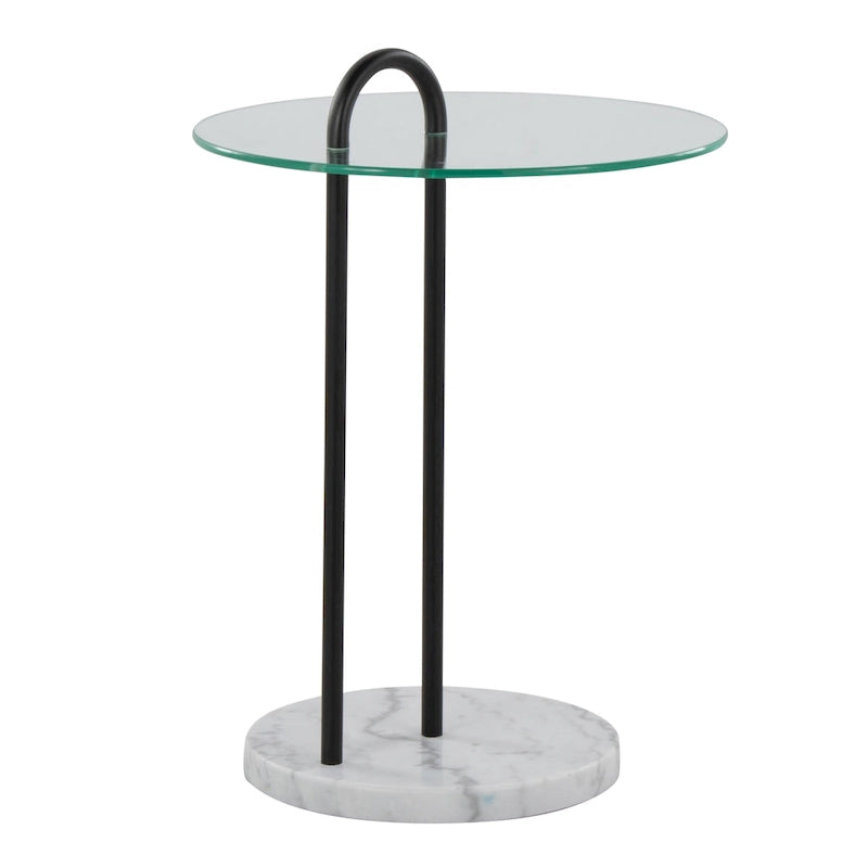 Table d'appoint contemporaine/glamour en marbre blanc et métal noir avec plateau en verre transparent