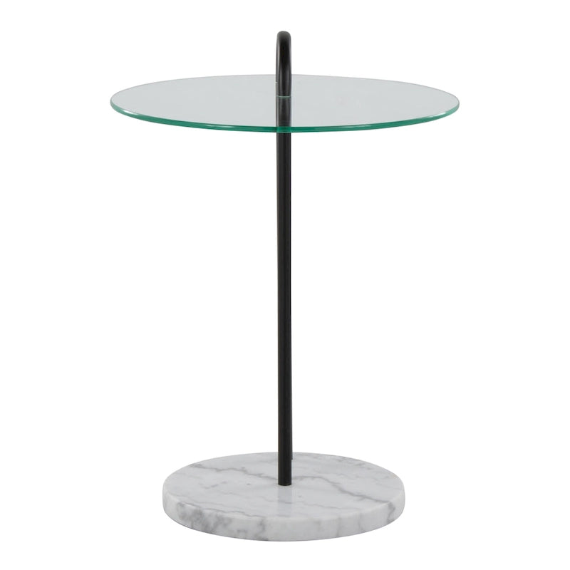 Table d'appoint contemporaine/glamour en marbre blanc et métal noir avec plateau en verre transparent