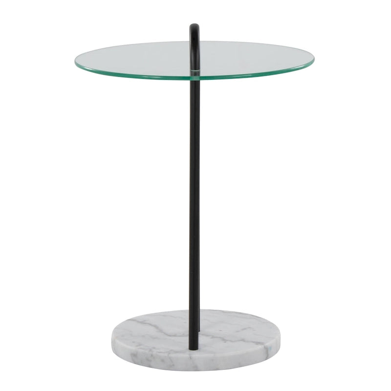 Table d'appoint contemporaine/glamour en marbre blanc et métal noir avec plateau en verre transparent