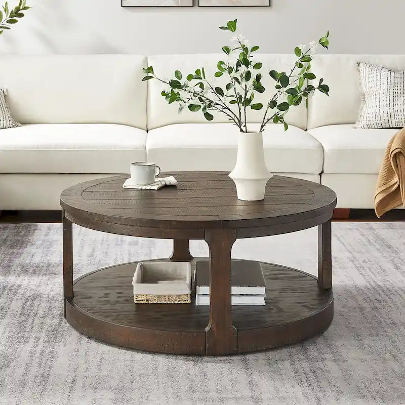 Table basse centrale ronde traditionnelle en bois incurvée de 40 pouces à 2 niveaux, table en bois arrondie au design vintage du milieu du siècle