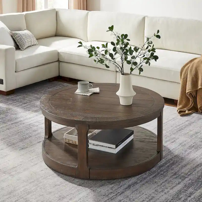 Table basse centrale ronde traditionnelle en bois incurvée de 40 pouces à 2 niveaux, table en bois arrondie au design vintage du milieu du siècle