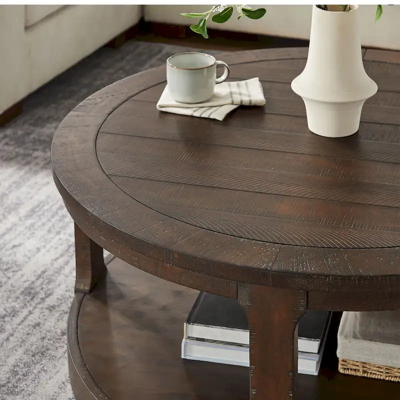 Table basse centrale ronde traditionnelle en bois incurvée de 40 pouces à 2 niveaux, table en bois arrondie au design vintage du milieu du siècle