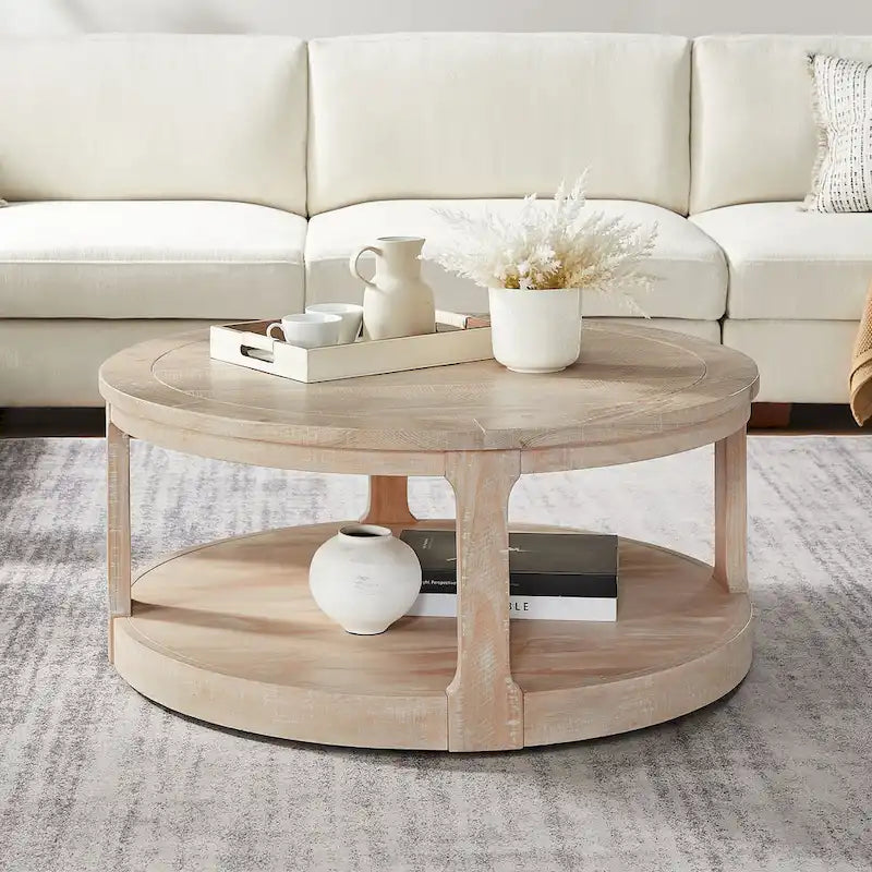 Table basse centrale ronde traditionnelle en bois incurvée de 40 pouces à 2 niveaux, table en bois arrondie au design vintage du milieu du siècle