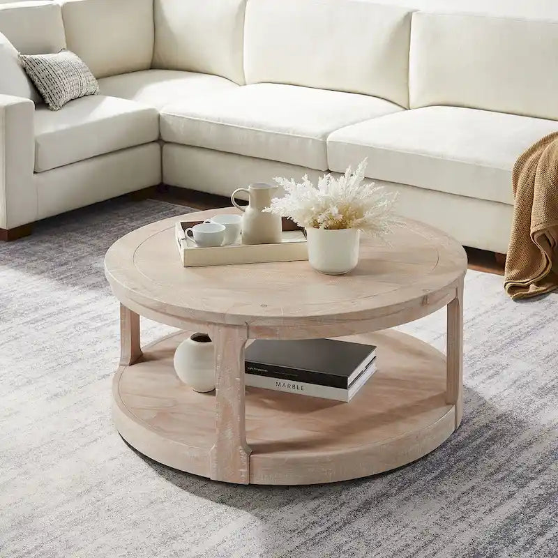 Table basse centrale ronde traditionnelle en bois incurvée de 40 pouces à 2 niveaux, table en bois arrondie au design vintage du milieu du siècle