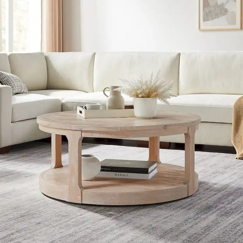 Table basse centrale ronde traditionnelle en bois incurvée de 40 pouces à 2 niveaux, table en bois arrondie au design vintage du milieu du siècle