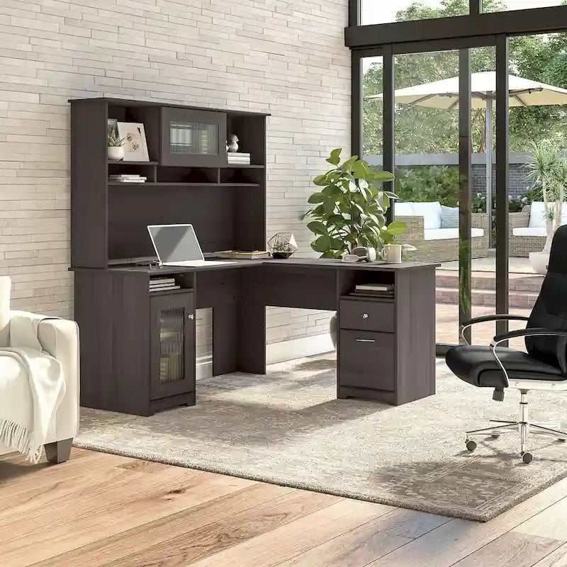Bureau d'angle en L de 60 W avec huche et rangement
