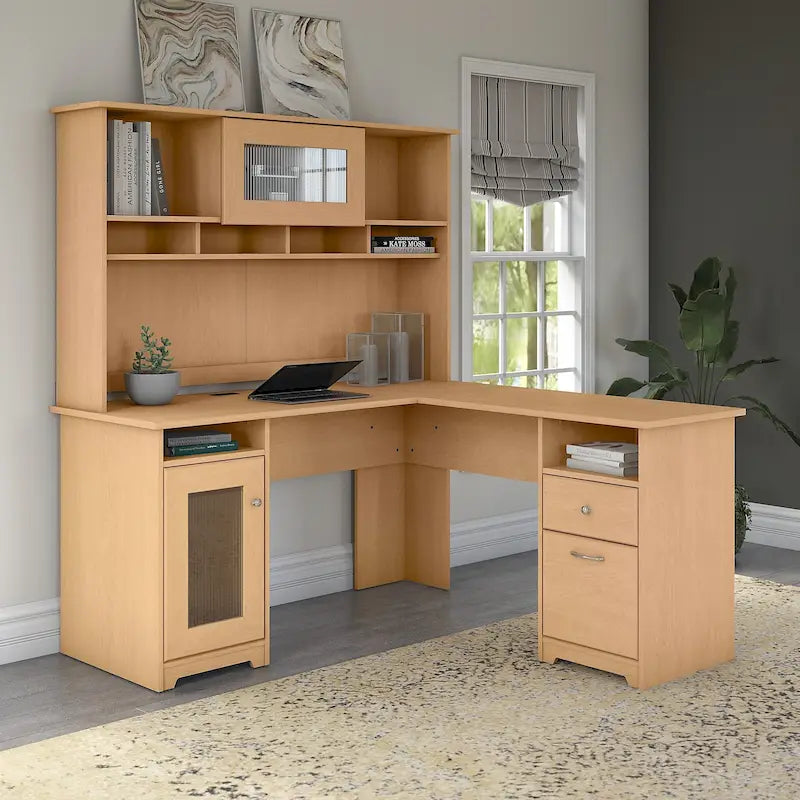 Bureau d'angle en L de 60 W avec huche et rangement