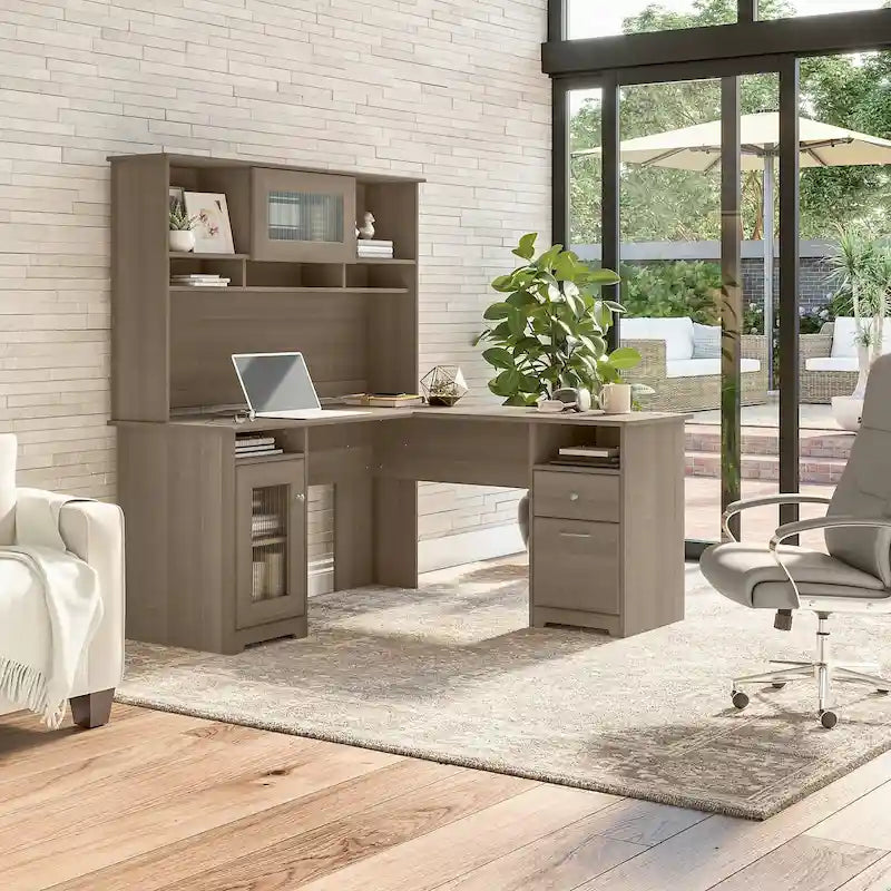 Bureau d'angle en L de 60 W avec huche et rangement