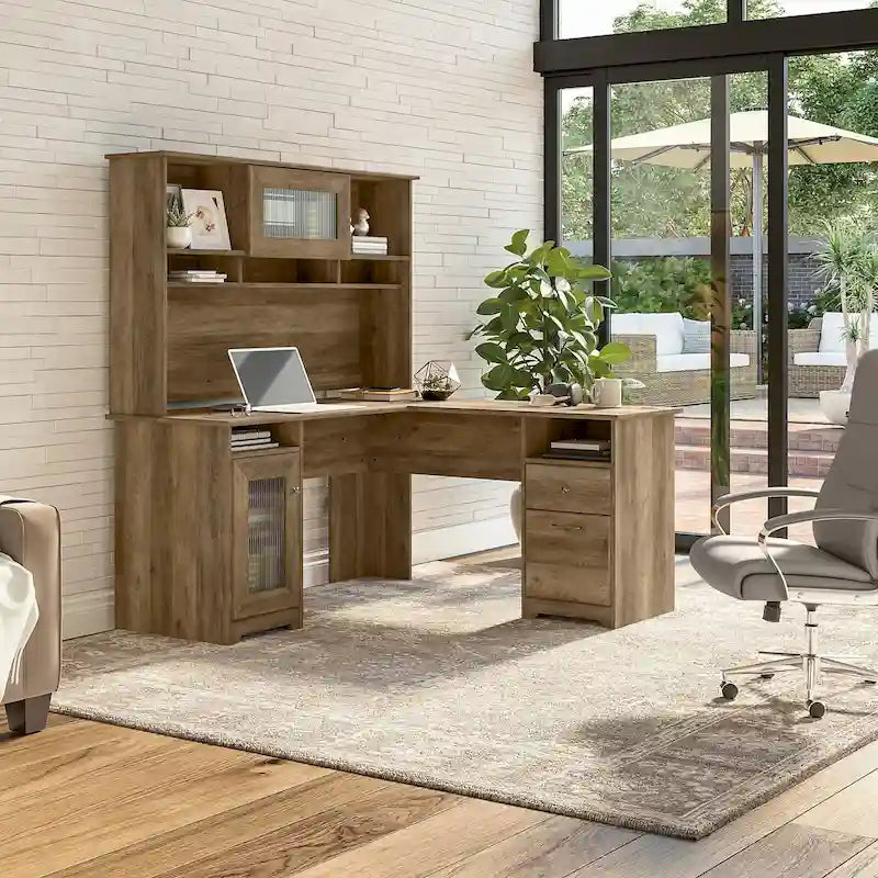 Bureau d'angle en L de 60 W avec huche et rangement