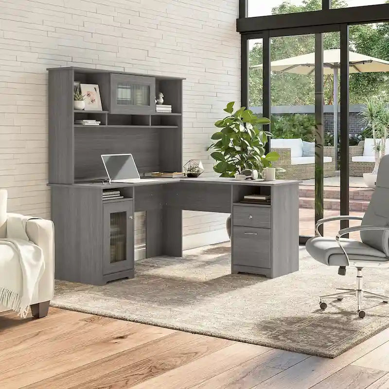 Bureau d'angle en L de 60 W avec huche et rangement