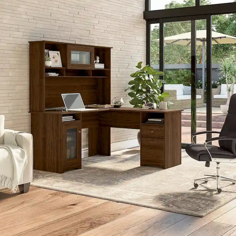 Bureau d'angle en L de 60 W avec huche et rangement
