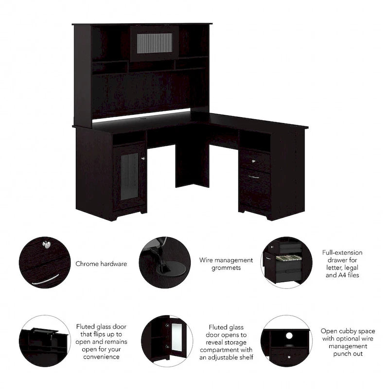 Bureau d'angle en L de 60 W avec huche et rangement