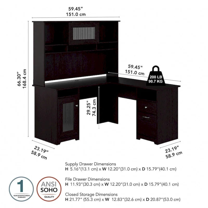 Bureau d'angle en L de 60 W avec huche et rangement
