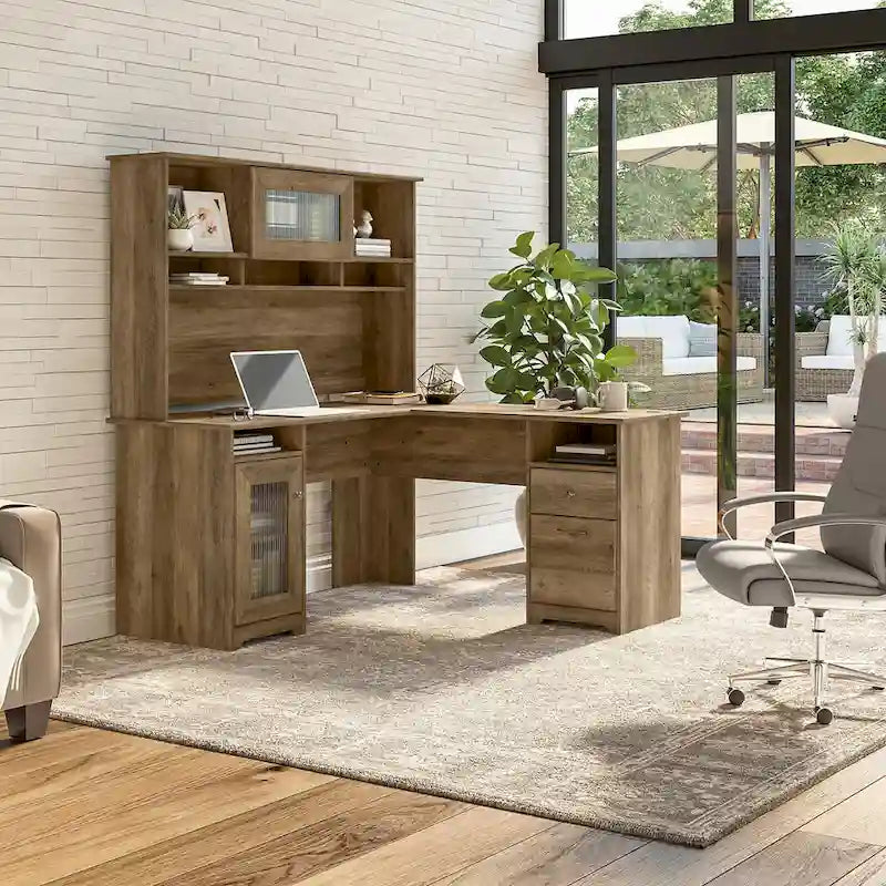 Bureau d'angle en L de 60 W avec huche et rangement