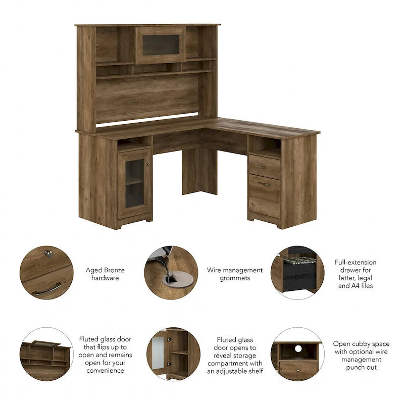 Bureau d'angle en L de 60 W avec huche et rangement