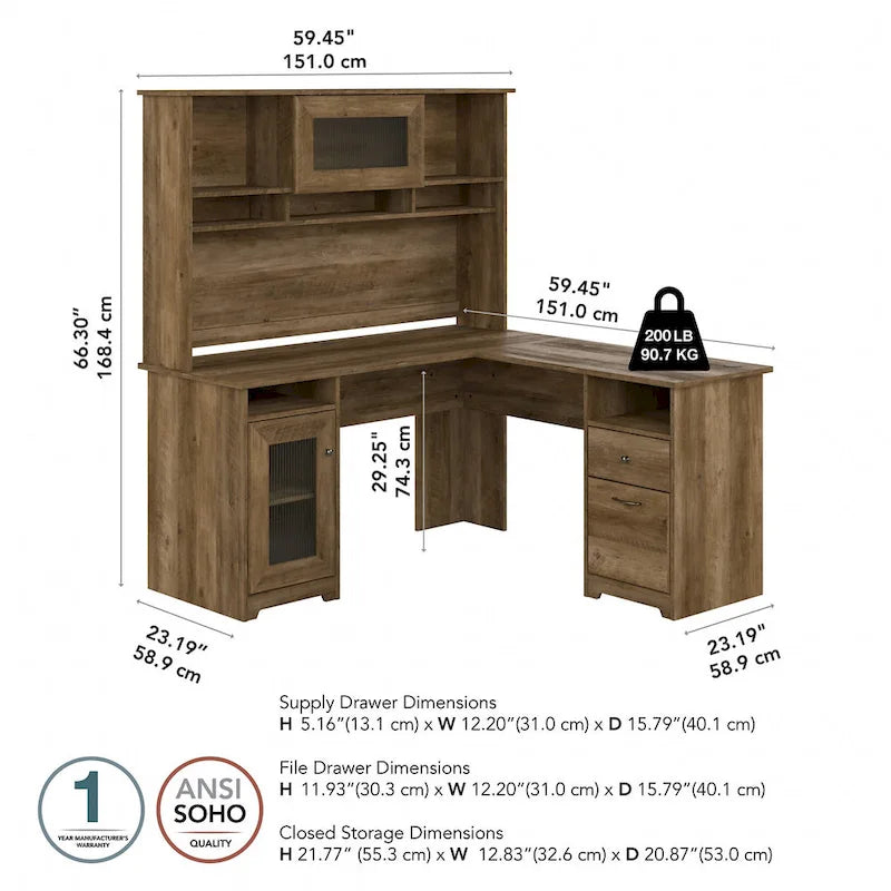 Bureau d'angle en L de 60 W avec huche et rangement