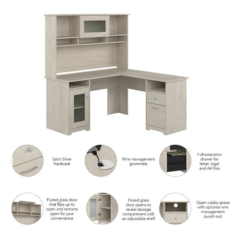 Bureau d'angle en L de 60 W avec huche et rangement