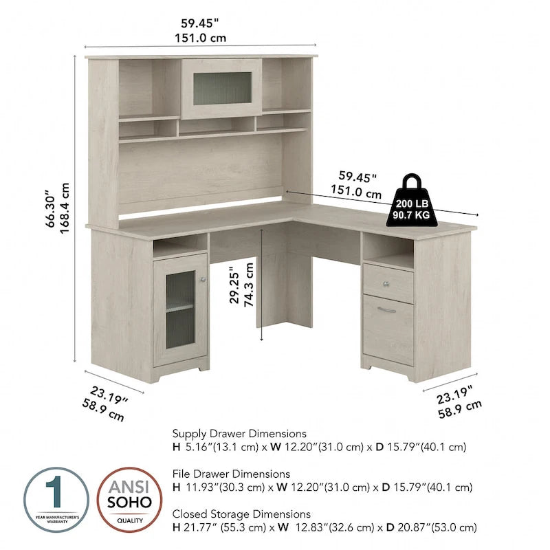 Bureau d'angle en L de 60 W avec huche et rangement
