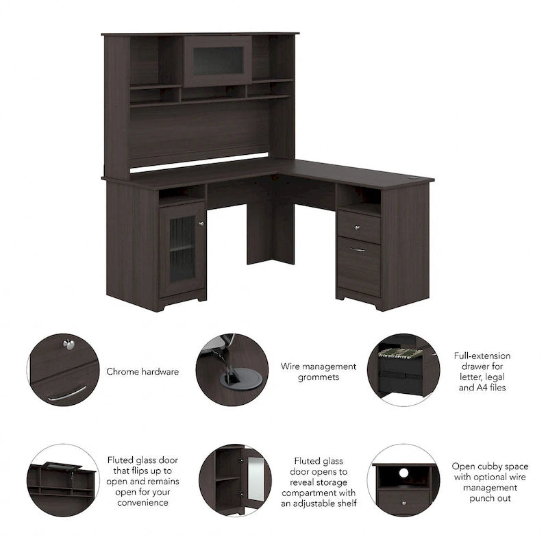 Bureau d'angle en L de 60 W avec huche et rangement
