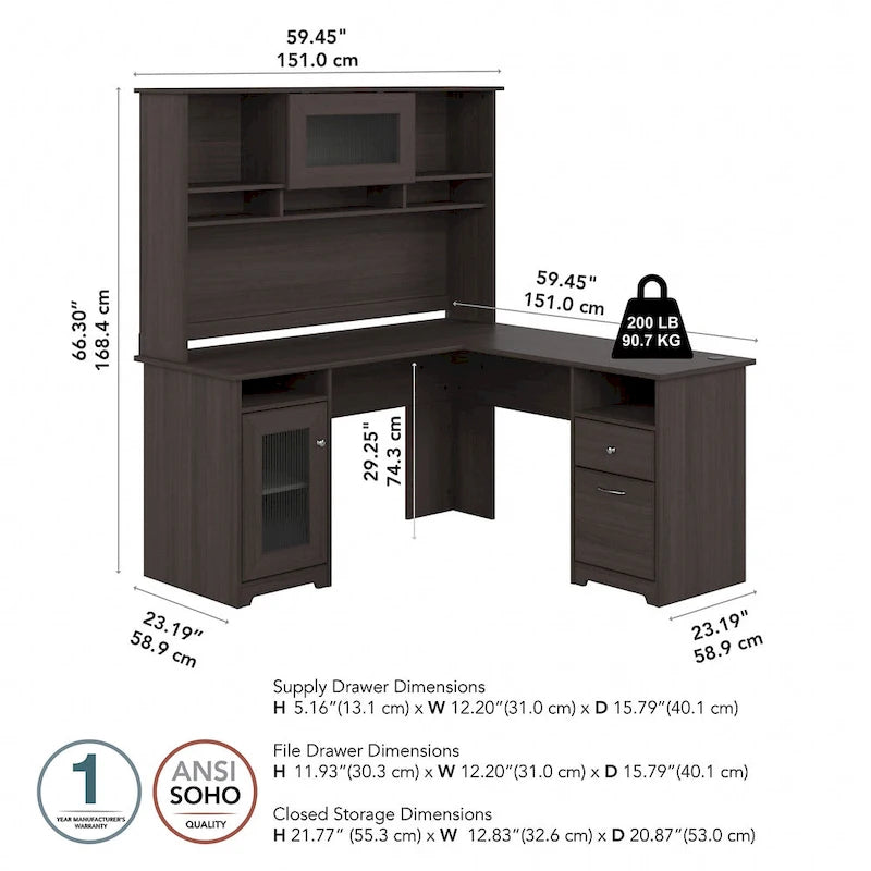 Bureau d'angle en L de 60 W avec huche et rangement