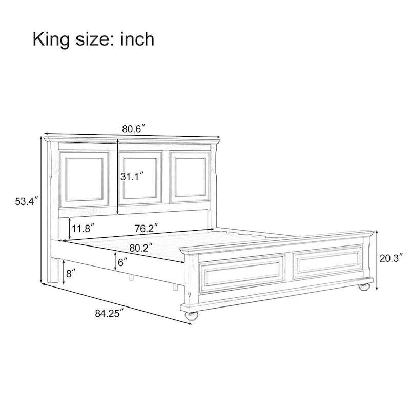 Lit double King Size traditionnel en pin blanc avec sommier à lattes en bois