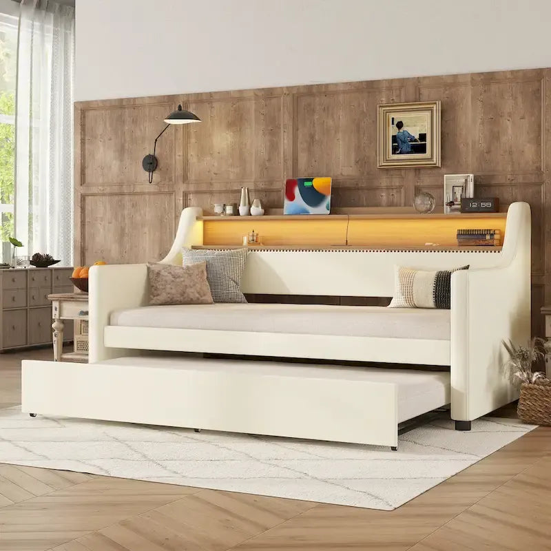 Lit de repos capitonné blanc deux places avec lit gigogne et LED