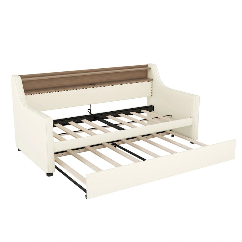 Lit de repos capitonné blanc deux places avec lit gigogne et LED