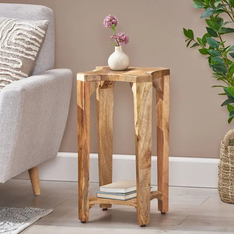 Table d'appoint bohème en bois, avec structure en bois fabriquée à la main et design concave