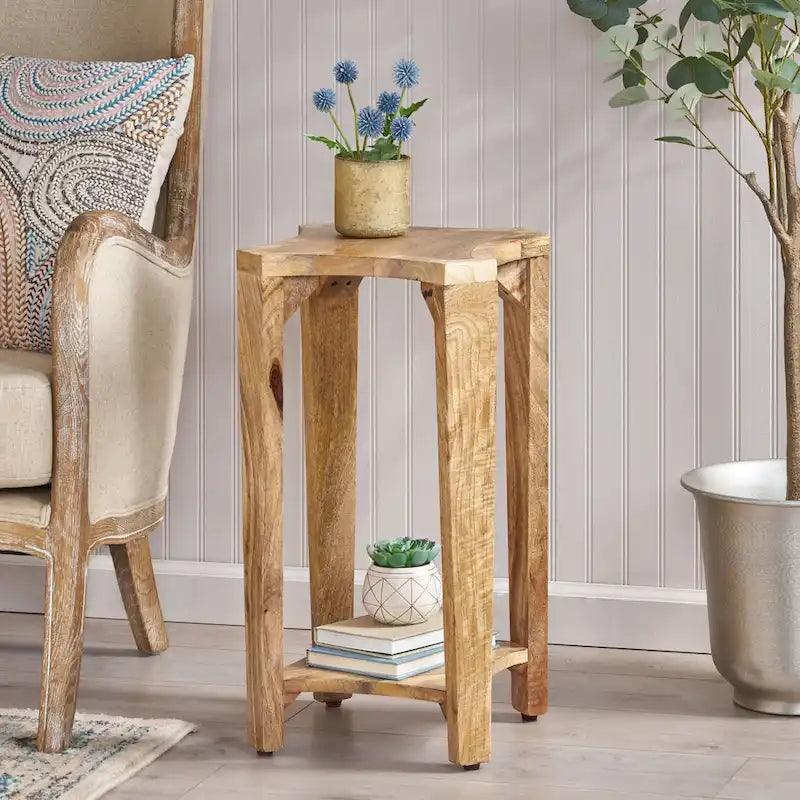 Table d'appoint bohème en bois, avec structure en bois fabriquée à la main et design concave