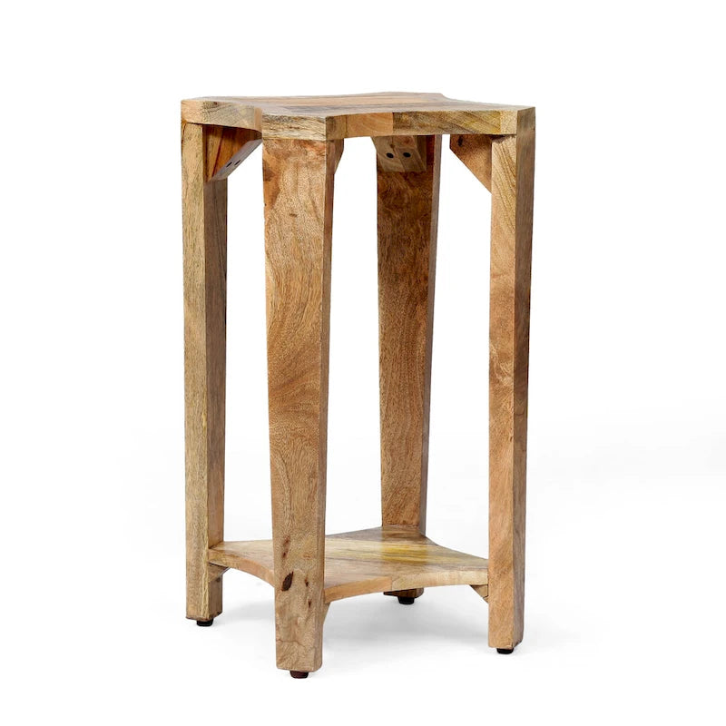 Table d'appoint bohème en bois, avec structure en bois fabriquée à la main et design concave