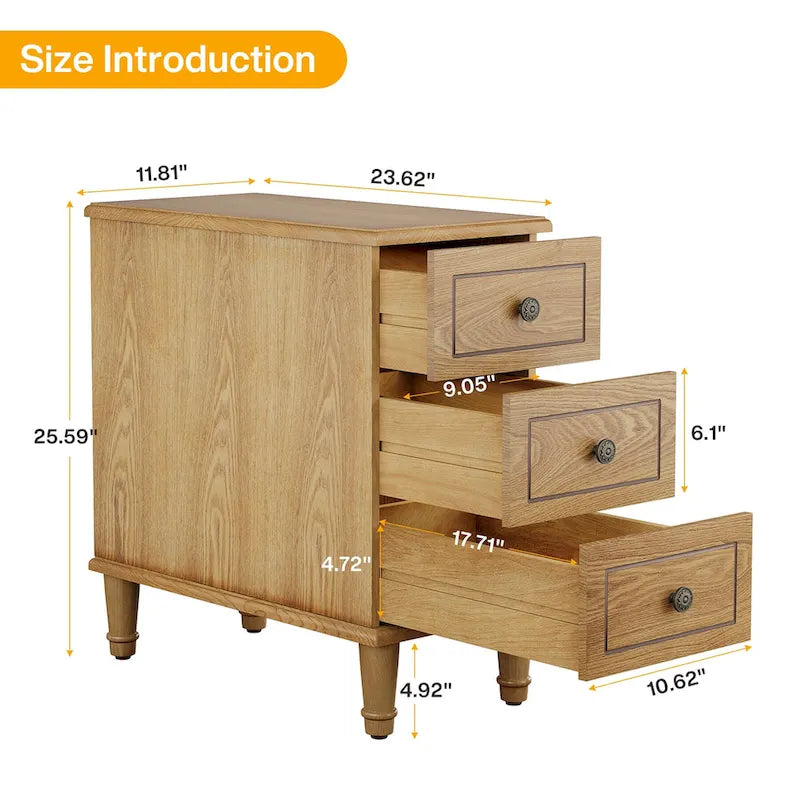Table d'appoint en bois, table d'appoint étroite entièrement assemblée avec 3 tiroirs