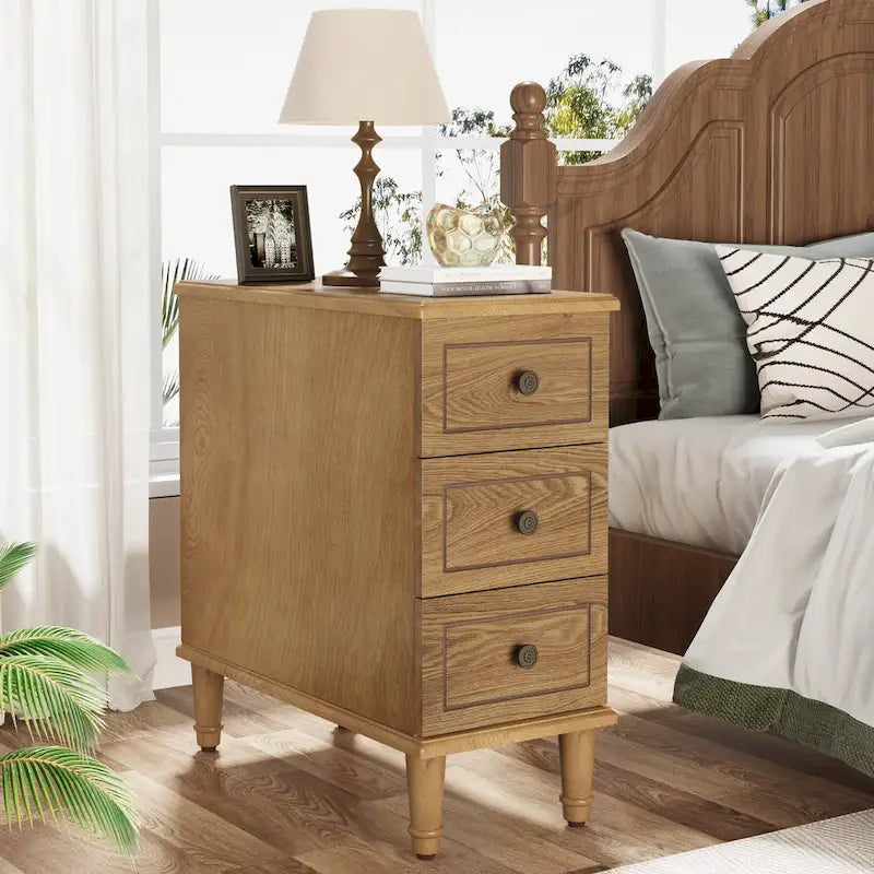 Table d'appoint en bois, table d'appoint étroite entièrement assemblée avec 3 tiroirs