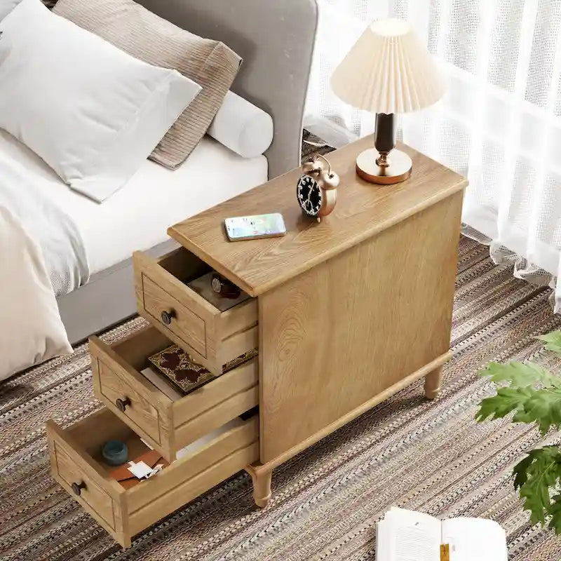 Table d'appoint en bois, table d'appoint étroite entièrement assemblée avec 3 tiroirs