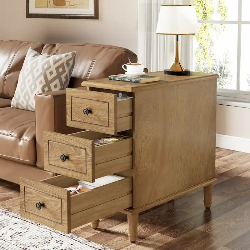 Table d'appoint en bois, table d'appoint étroite entièrement assemblée avec 3 tiroirs