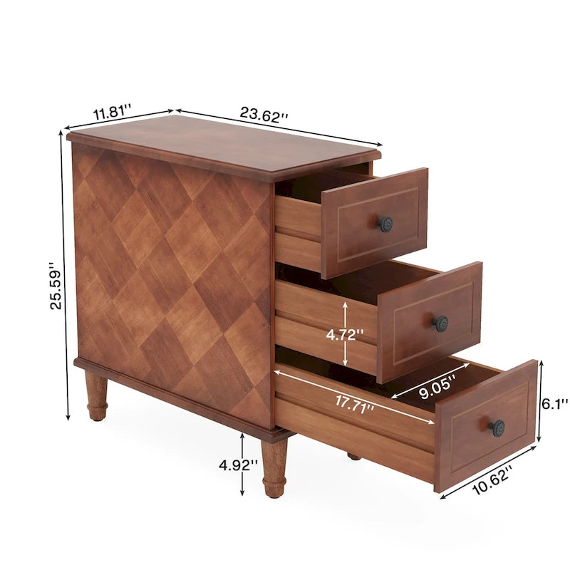 Table d'appoint en bois, table d'appoint étroite entièrement assemblée avec 3 tiroirs