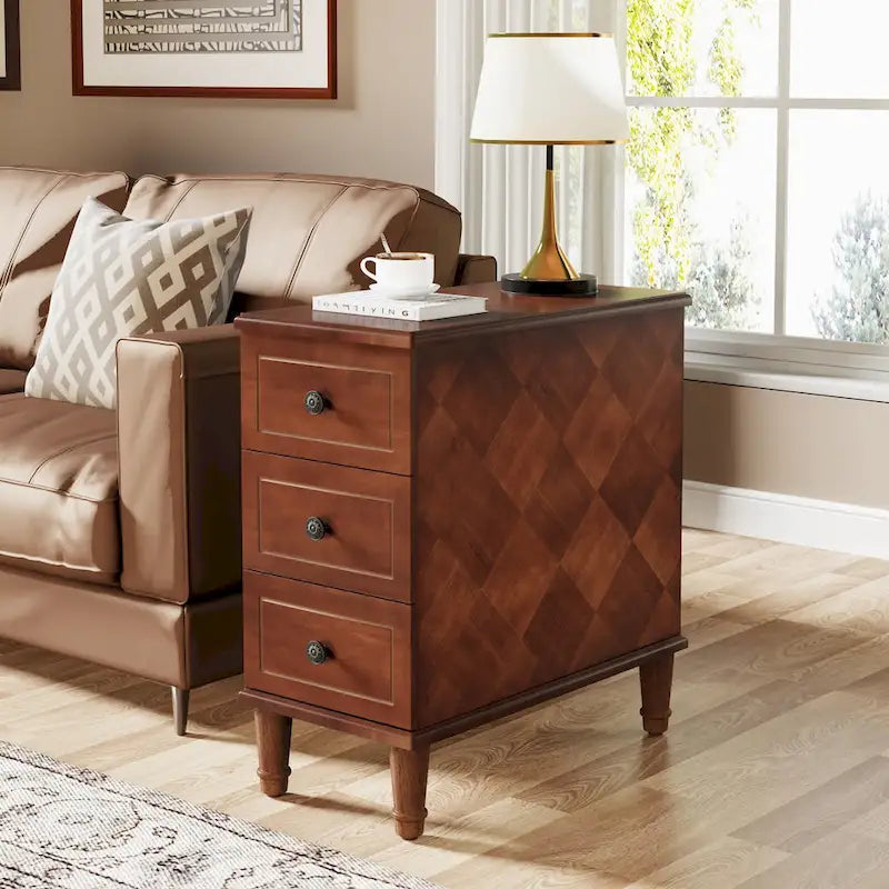 Table d'appoint en bois, table d'appoint étroite entièrement assemblée avec 3 tiroirs