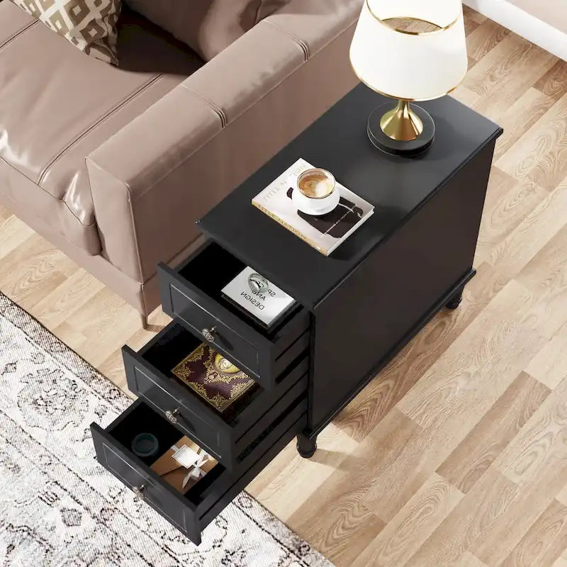 Table d'appoint en bois, table d'appoint étroite entièrement assemblée avec 3 tiroirs