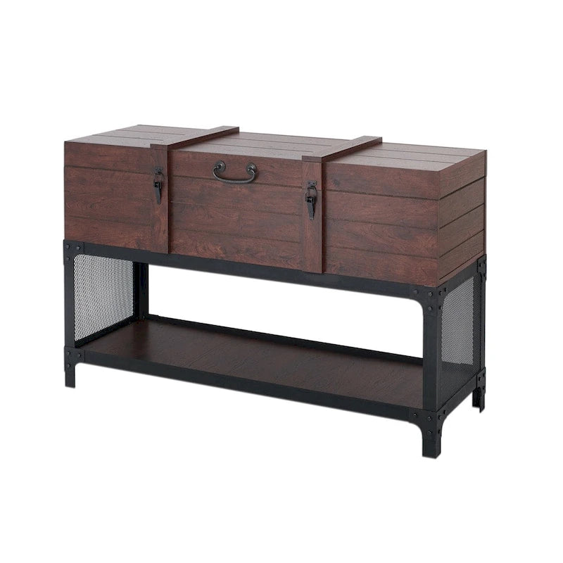 Table d'entrée coffre industrielle en noyer avec étagère en métal de 47 po