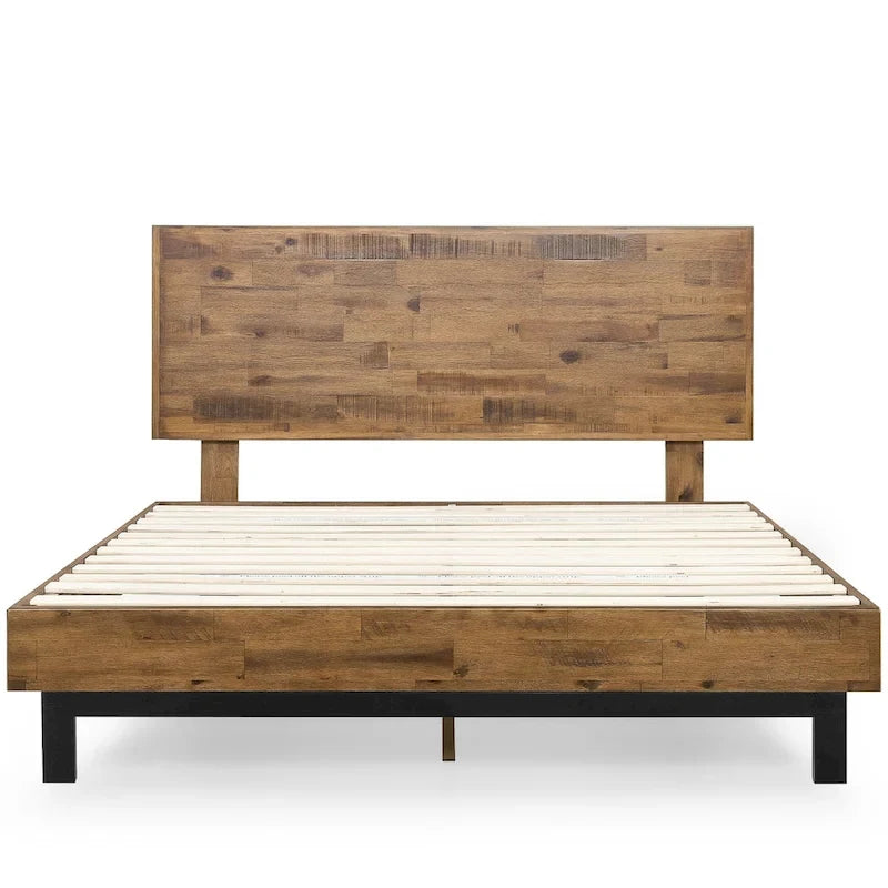 Cadre de lit plateforme en bois marron avec tête de lit réglable