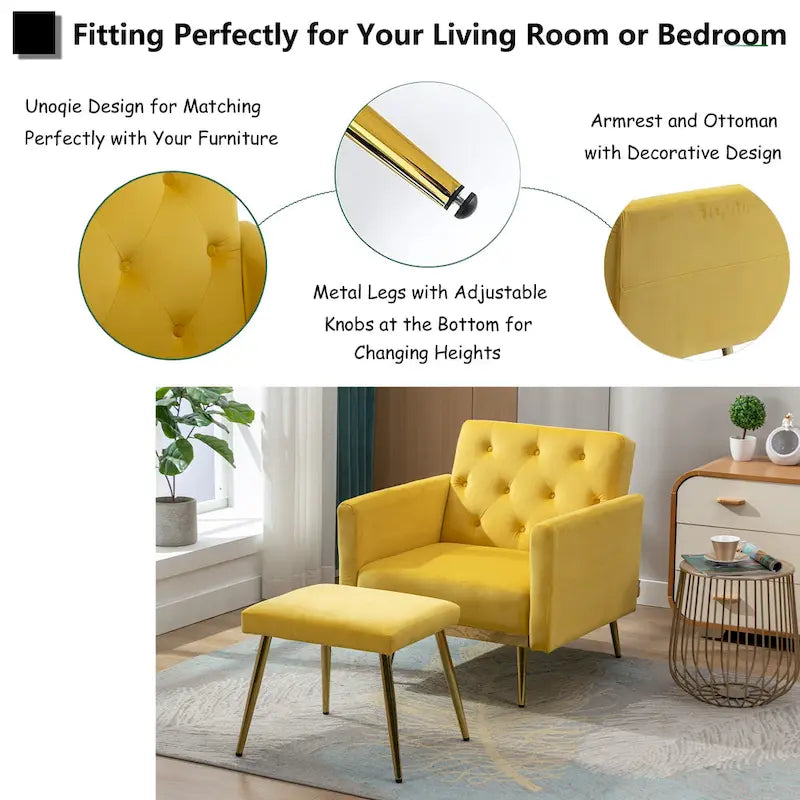 Fauteuil d'appoint en velours avec accoudoirs et dossier réglables, chaise longue capitonnée, fauteuil inclinable simple avec ottoman