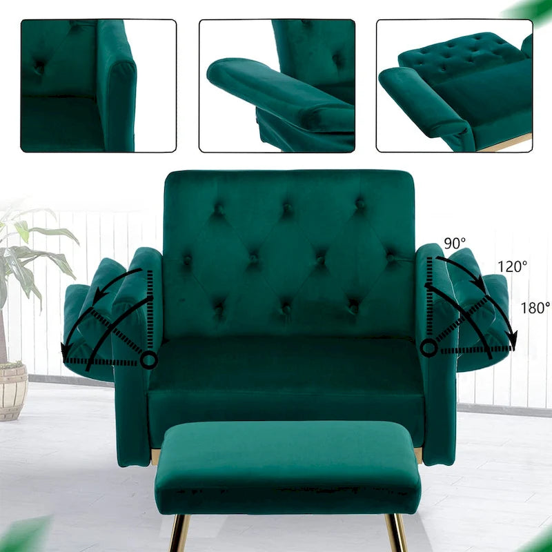 Fauteuil d'appoint en velours avec accoudoirs et dossier réglables, chaise longue capitonnée, fauteuil inclinable simple avec ottoman