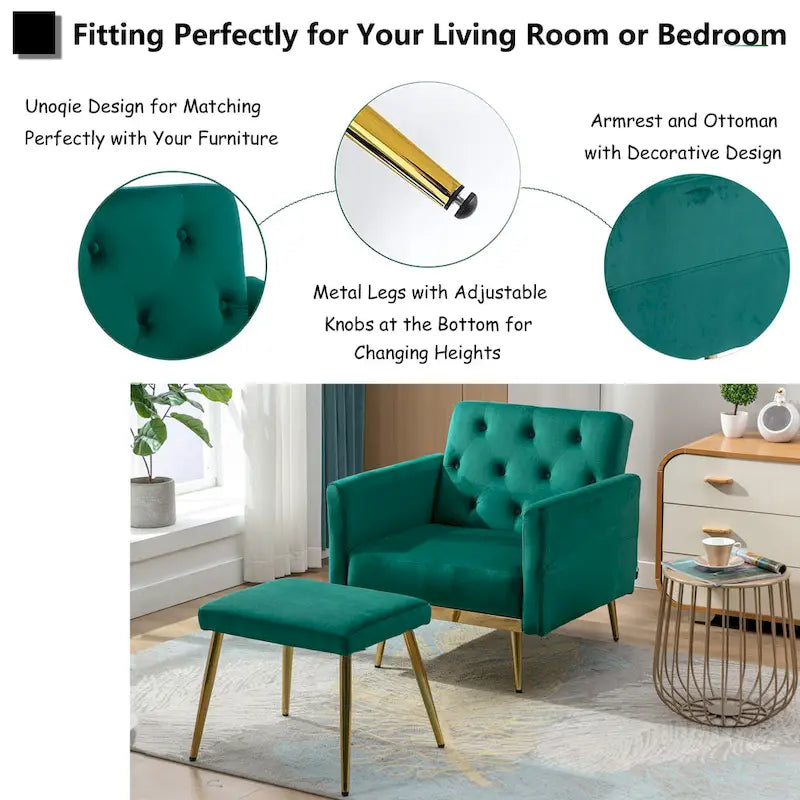 Fauteuil d'appoint en velours avec accoudoirs et dossier réglables, chaise longue capitonnée, fauteuil inclinable simple avec ottoman