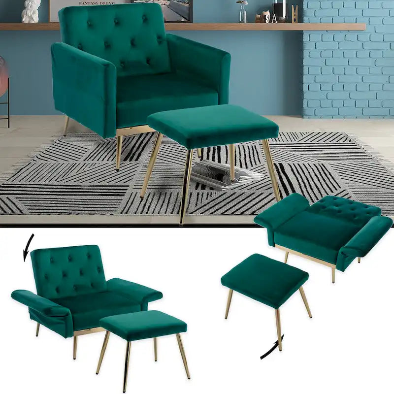 Fauteuil d'appoint en velours avec accoudoirs et dossier réglables, chaise longue capitonnée, fauteuil inclinable simple avec ottoman