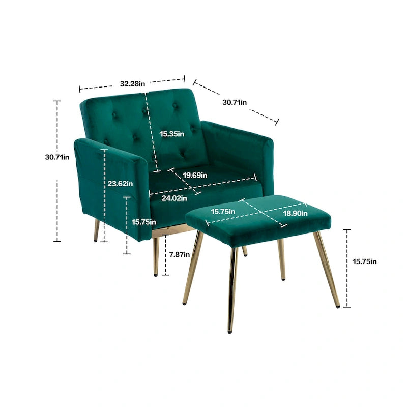 Fauteuil d'appoint en velours avec accoudoirs et dossier réglables, chaise longue capitonnée, fauteuil inclinable simple avec ottoman