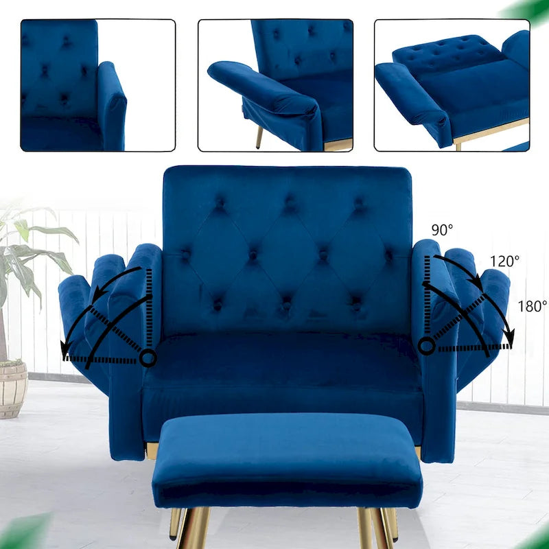 Fauteuil d'appoint en velours avec accoudoirs et dossier réglables, chaise longue capitonnée, fauteuil inclinable simple avec ottoman