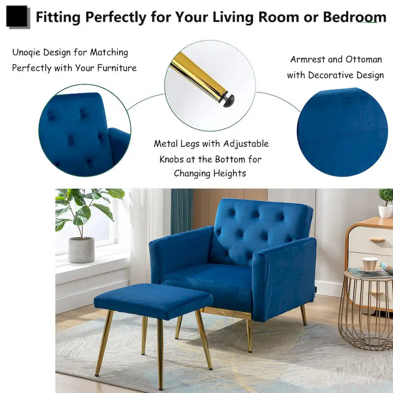 Fauteuil d'appoint en velours avec accoudoirs et dossier réglables, chaise longue capitonnée, fauteuil inclinable simple avec ottoman