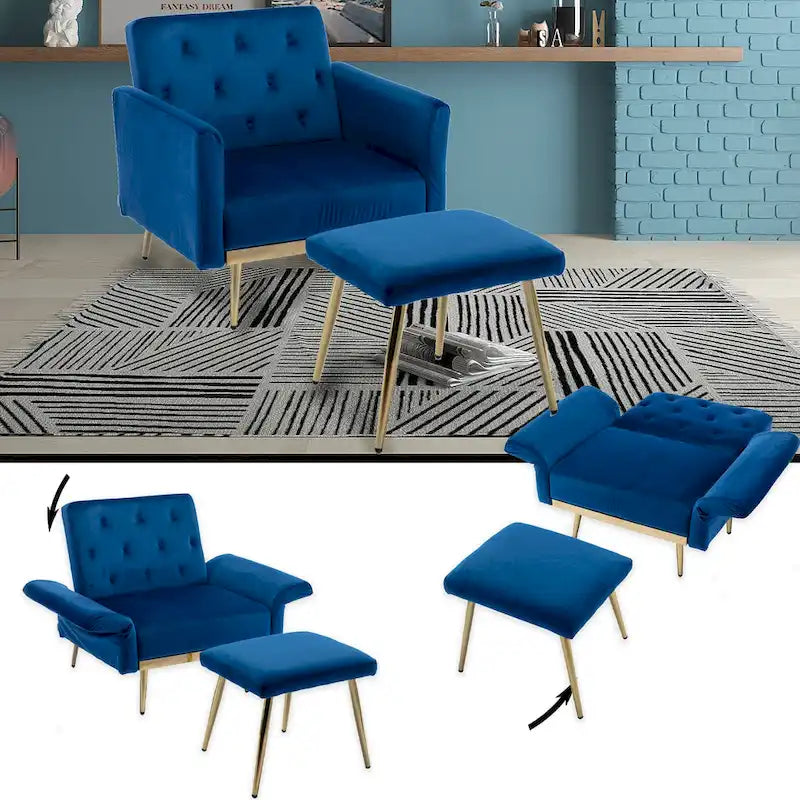 Fauteuil d'appoint en velours avec accoudoirs et dossier réglables, chaise longue capitonnée, fauteuil inclinable simple avec ottoman